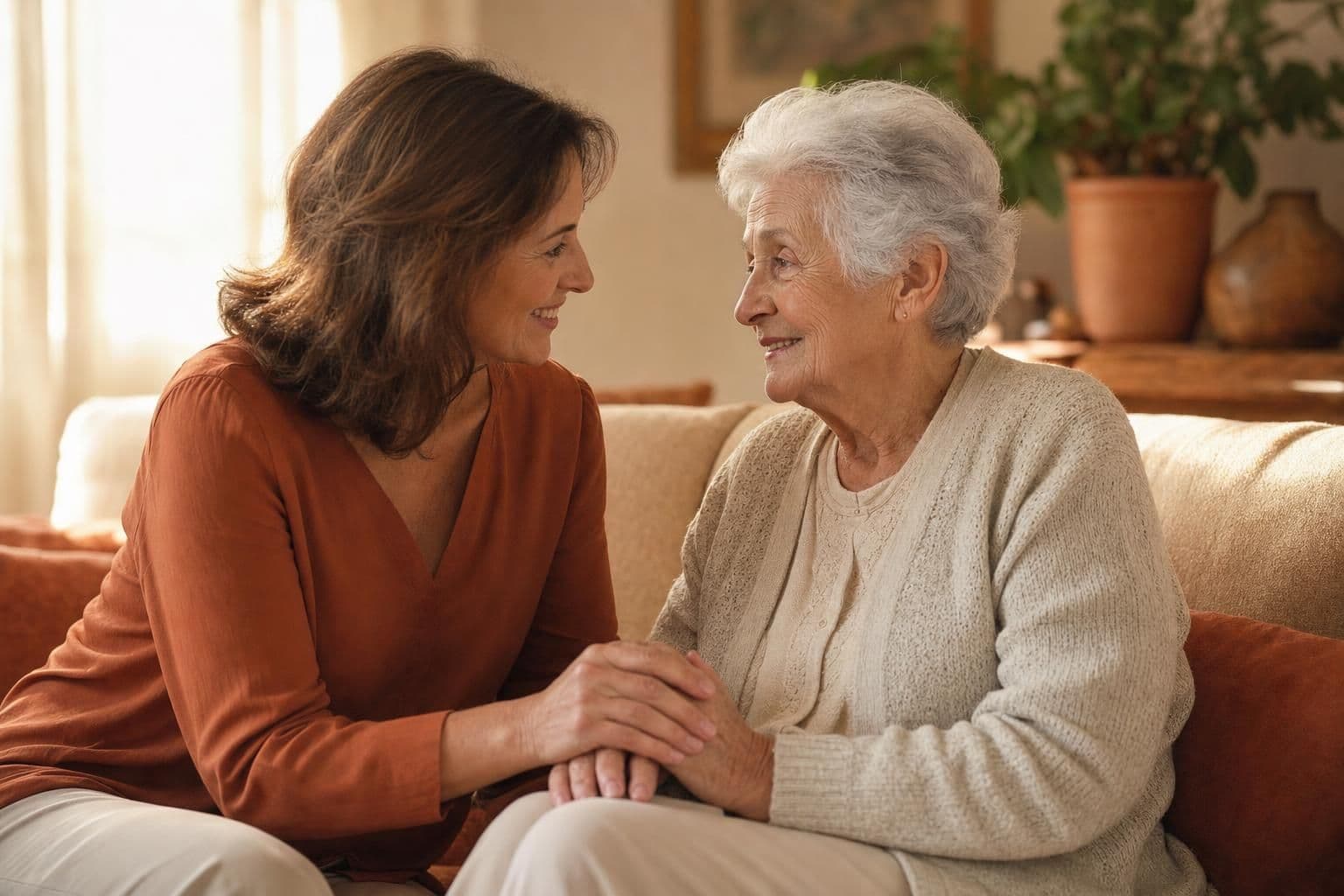 A family caregiver holding her elderly mother's hand in a warm sunlit home
