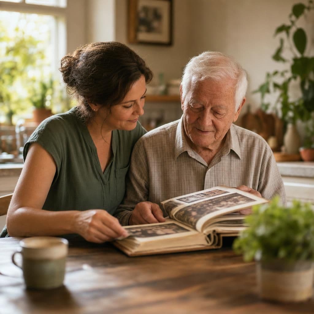 A compassionate caregiver sharing a family photo album with an elderly man